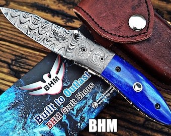 Handmade Damascus Folding Knife: Handmade 3" Blade, Stained Bone Handle
