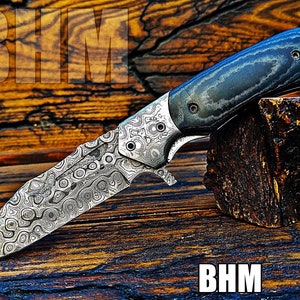 Handmade Damascus Folding Knife: Raindrop Blade, G-10 Handle, Pocket Clip