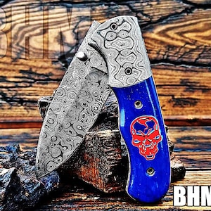 BHM-101&quot;Precious Gift Series&quot;True Damascus Handmade Folding Knife With Stained Bone,Raindrop Ptrn,Liner,Exquisite Engraving&Built to Outlast