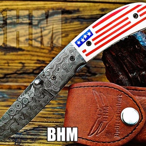 BHM-151 &quot;Precious Gift Series&quot; Quality Damascus Handmade 3.5&quot; Folding Knife With, Bone, Raindrop,Liner Lock,Flag Engraving&Built to Outlast