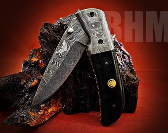 Handmade Damascus Folding Knife: Ebony Wood Handle, Ladder Pattern, Pocket Clip