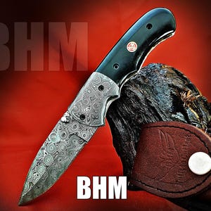 BHM-311&quot;Precious Gift Series&quot;True Damascus Handmade Folding Knife With Ebony Wood, Raindrop Pattern,Pocket Clip,Liner Lock &Built to Outlast