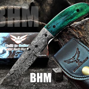 BHM-404&quot; Precious Gift Series&quot; True Damascus Handmade Folding Knife With Stained Bone,Raindrop,Liner Lock,Damascus Bolster& Built to Outlast