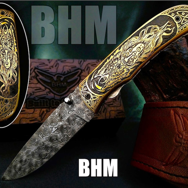 BHM-2166"Executive+ Gift Series" Quality Damascus Handmade Folding 3.5" Blade Knife, Unequaled Vikings Goddess Hel Theme Hand Carved Handle