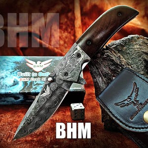 BHM-383 &quot;Precious  Gift Series&quot; Quality Damascus Handmade 3.5&quot; Blade Folding Knife With Rose Wood, Raindrop, Liner Lock & Built to Outlast