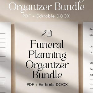 Puede incluir: Imagen crema con el texto "Funeral Planning Organizer Bundle" en una elegante fuente serif negra. Las palabras "PDF + Editable DOCX" están debajo. La imagen incluye un icono de lápiz y papel.
