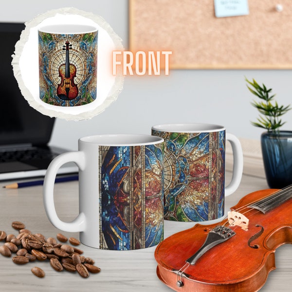 Italian Cathedral Window Glass Mosaic Violin Mug 11oz Viola Art Cathedral Decor Stained Glass Design Gift For Violinist Viola Teacher Violin