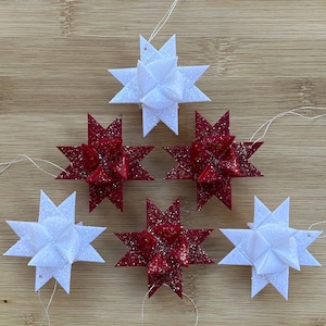 Moravian German Froebel Paper Waxed Star Christmas Ornament - Red and White - Set of 6 Stars 2&quot;