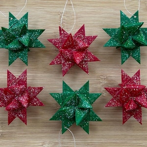 Moravian German Froebel Paper Waxed Star Christmas Ornament - Red & Green - Set of 6 Stars 2&quot;