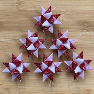 Moravian German Froebel Paper Waxed Star Christmas Ornament - Red & White - Set of 6 Stars 2&quot;