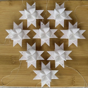 Moravian German Froebel Paper Waxed Star Christmas Ornament - White - Set of 8 Stars 2&quot;
