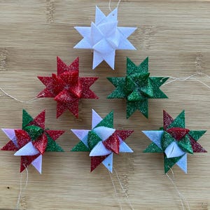 Moravian German Froebel Paper Waxed Star Christmas Ornament - White, Red , Green - Set of 6 Stars 2&quot;