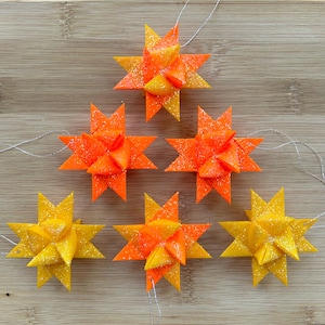 Moravian German Froebel Paper Waxed Star Fall Ornament - Orange & Yellow - Set of 6 Stars 2&quot;