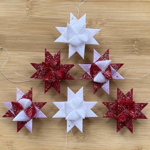 Moravian German Froebel Paper Waxed Star Christmas Ornament - Red & White - Set of 6 Stars 2&quot;