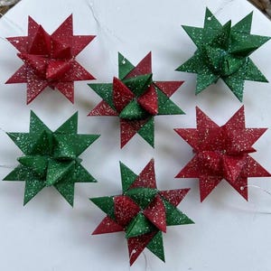 Moravian German Froebel Paper Waxed Star Christmas Ornament - Red & Green - Set of 6 Stars 2&quot;
