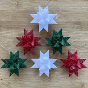 Moravian German Froebel Paper Waxed Star Christmas Ornament - White, Red , Green - Set of 6 Stars 2&quot;
