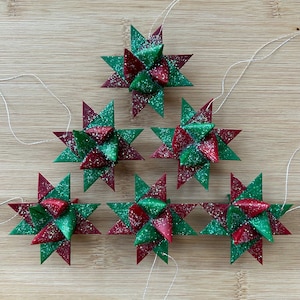 Moravian German Froebel Paper Waxed Star Christmas Ornament - Dark Red and Green - Set of 6 Stars 2&quot;