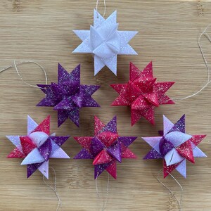 Moravian German Froebel Paper Waxed Star Christmas Ornament - Pink, Purple, White - Set of 6 Stars 2&quot;