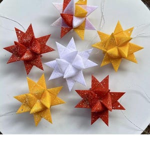 Moravian German Froebel Paper Waxed Star Fall Ornament - Orange Yellow White - Set of 6 Stars 2&quot;