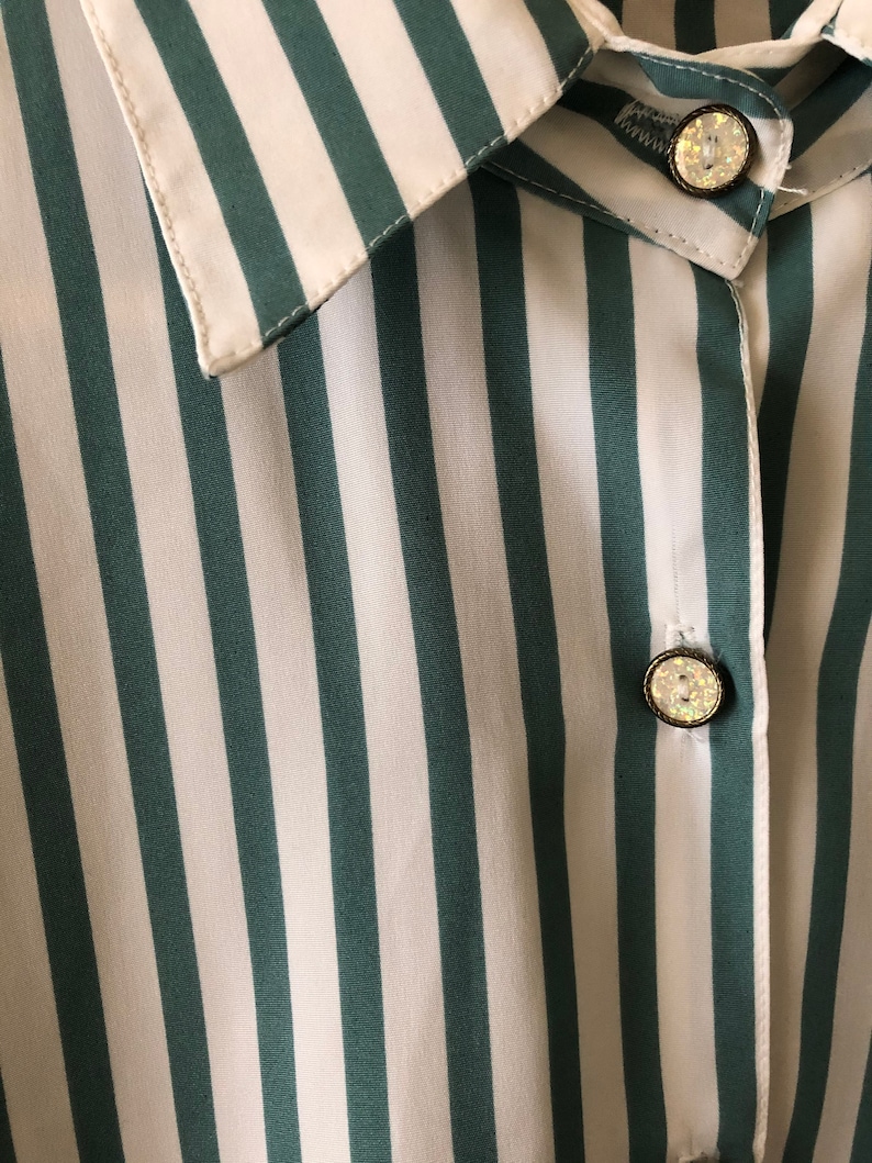 Green and white striped button down blouse with sparkly buttons