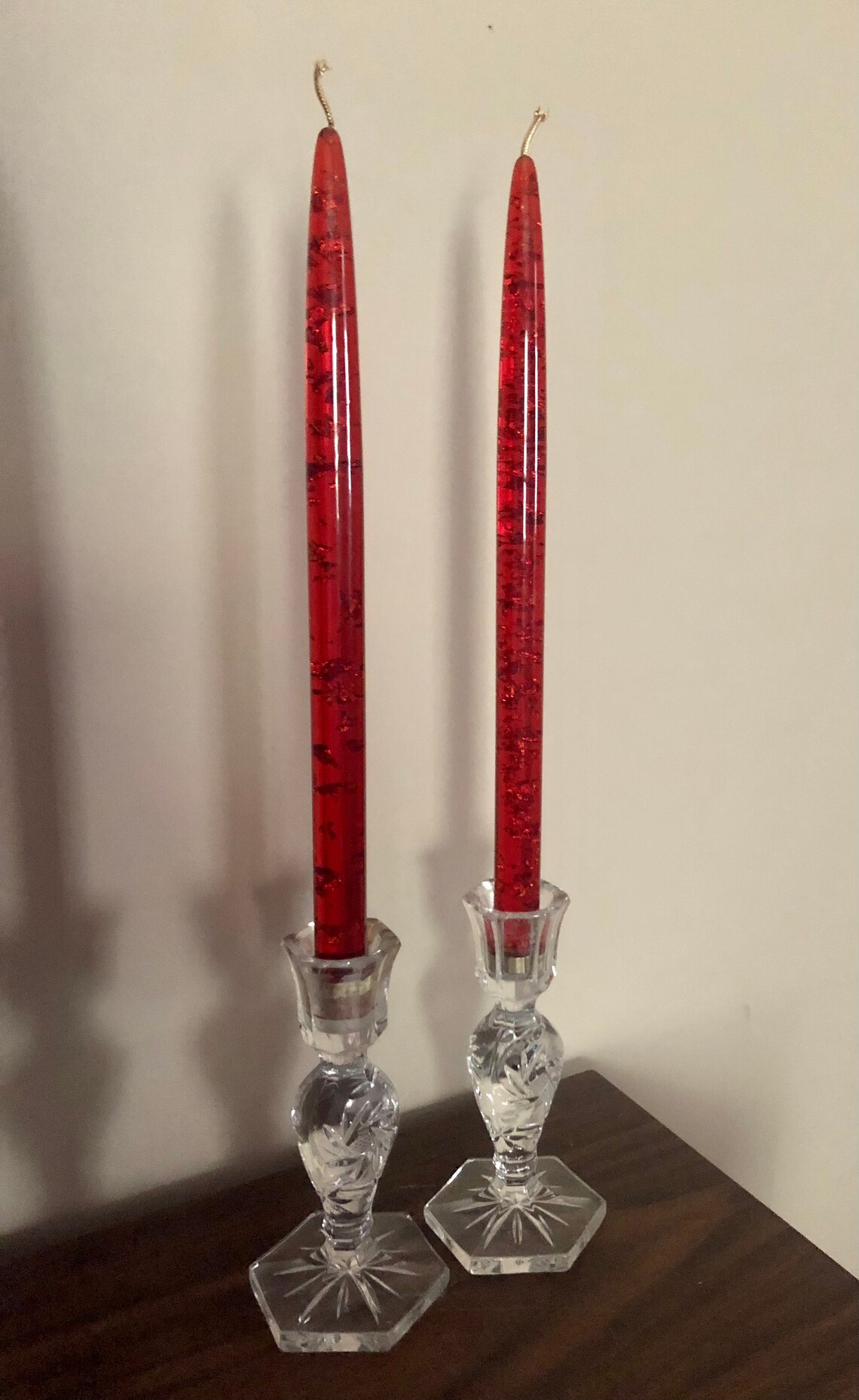 Pair of vintage red lucite taper candles with gold flakes Etsy