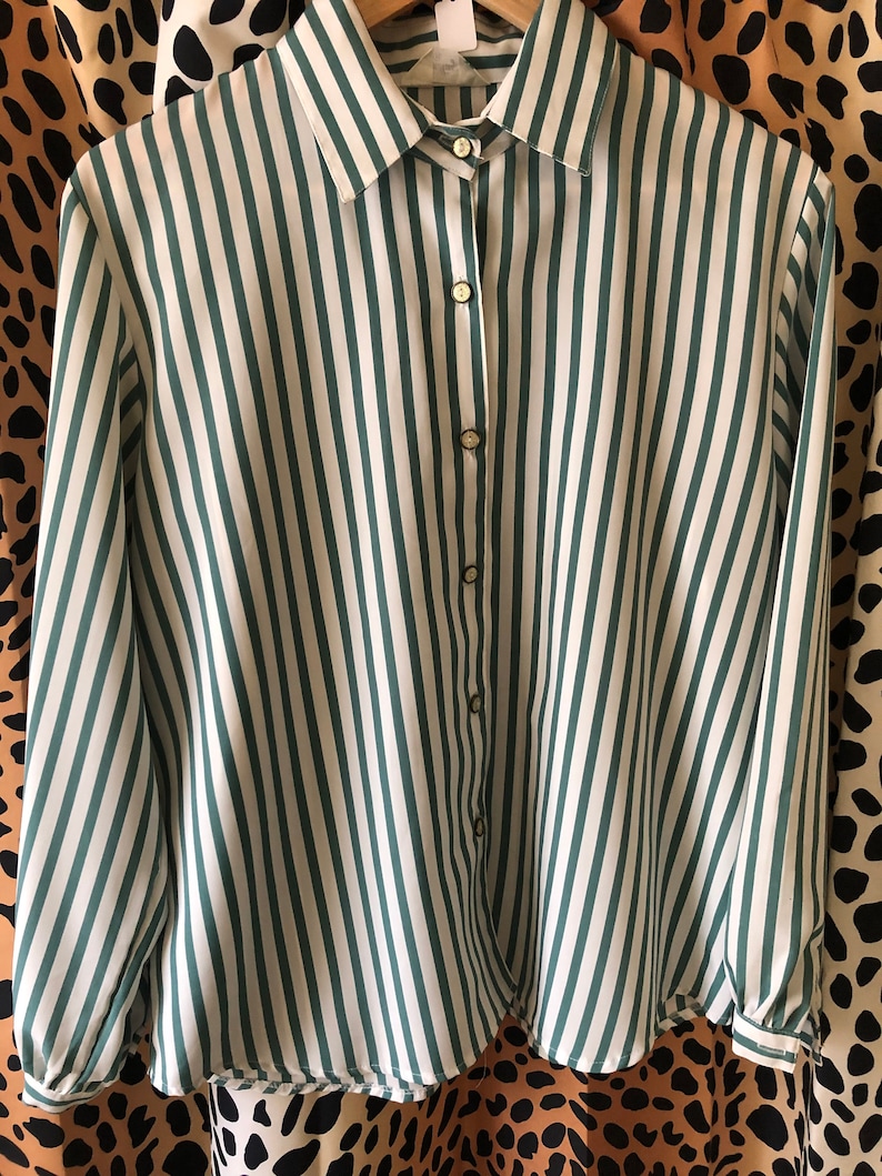 Green and white striped button down blouse with sparkly buttons