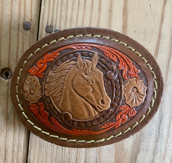 Vintage tooled leather horse belt buckle Gem