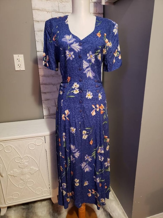 New Horizons Rayon 1980s blue floral day dress