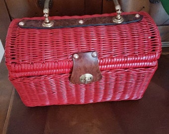 Vintage 1960s red wicker handbag box purse Handmade in British Hong Kong gift for wife girlfriend Christmas gift