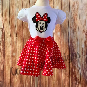 Minnie Mouse inspired swing skirt and shirt, customized Minnie Mouse inspired shirt with twirl skirt