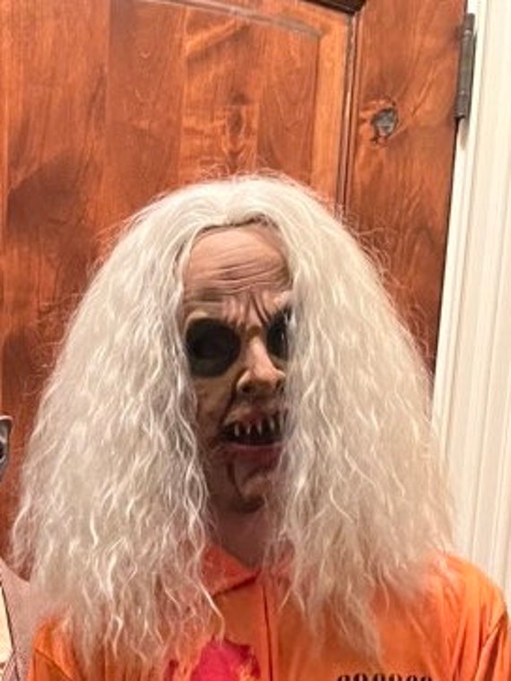 OHEPFD Máscara facial de bruja de anciana con pelo y sombrero, disfraz de látex para Halloween, espeluznante y aterrador, disfraz de bruja para fiesta, accesorios de vestir, verde, 21.7-24.4 pulgadas