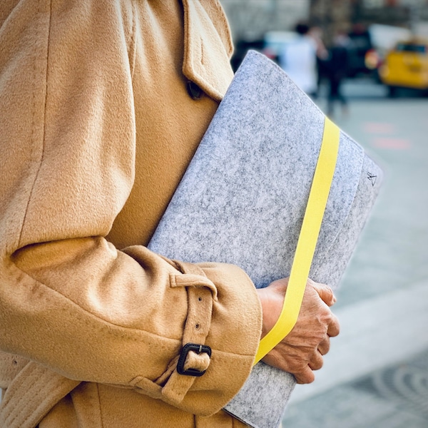 Laptop Bag for 13-inch laptop such as MacBook Pro and MacBook air, Gray felt Sleeve with yellow band