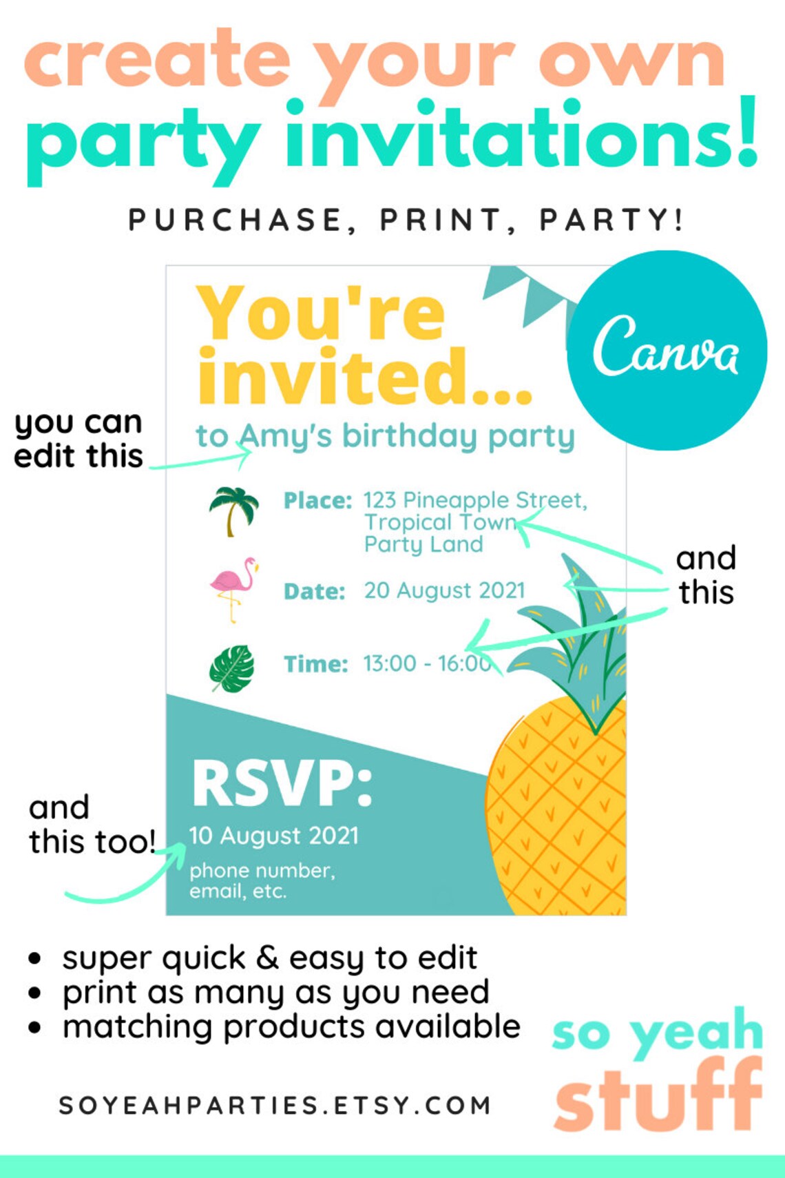 Pineapple Invitation Template for Tropical Theme Party Kids - Etsy