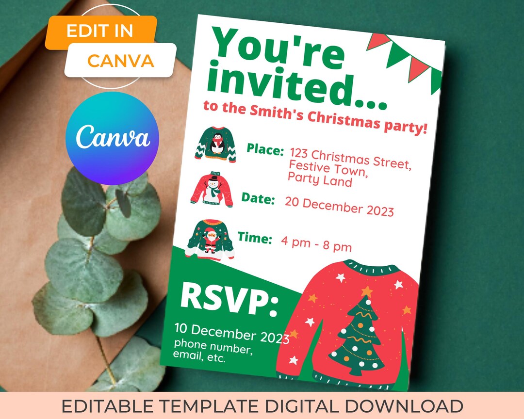 Editable Christmas Party Invitation Canva Template, Holiday Party ...