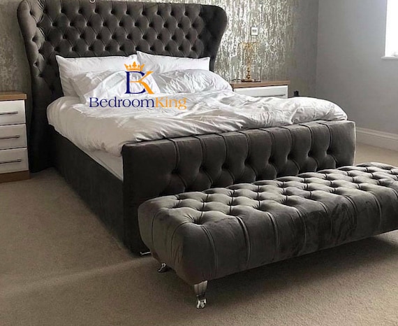 Oxford Wingback Bed Frame with High Footboard Available in Double King Superking Soft Plush Velvet UK SIZING ONLY