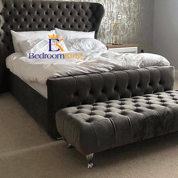 Oxford Wingback Bed Frame with High Footboard Available in Double King Superking Soft Plush Velvet UK SIZING ONLY