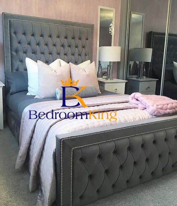 Emma Beaded Bed Frame available in 4ft6 5ft 6ft Choose Fabric and Colour 4ft6 5ft 6ft UK SIZING ONLY