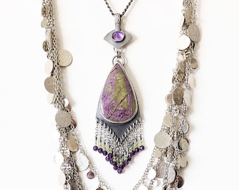 A Hummingbird's Wish Pendant - Ox Sterling Silver Two Stone Fringe Pendant w/ Stichtite, Amethyst & Peridot Beads (CHAIN NOT INCLUDED)