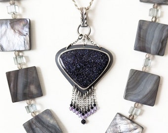 Glitter Bomb Pendant - Blue Goldstone and Purple Cubic Zirconia Bead Fringe Chandelier Pendant w/ Ox Sterling Silver (CHAIN NOT INCLUDED)