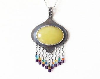 Colorful Eclipse Pendant - Oval Serpentine Featuring Multi Colored Agate and Amethyst Bead Fringe w/ Ox Sterling Silver (Chain NOT Included)