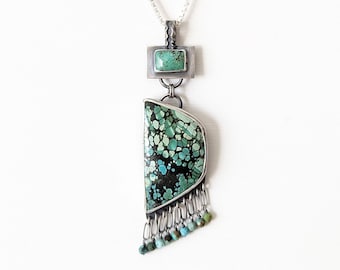 River Of Stones Pendant - Ox Sterling Silver Rustic Two Stone Fringe Pendant w/ Tibetan Turquoise (CHAIN NOT INCLUDED)