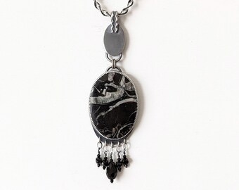 Masquerade Ball Pendant - Ox Sterling Silver Oval Drop w/ Turritella Fossil & Black Spinel Bead Fringe (CHAIN NOT INCLUDED)