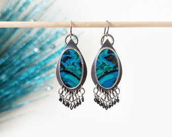 Underwater And Over The Moon Earrings - Ox Sterling Silver Leaf Bead Fringe Drops w/ Malachite Chrysocolla & Black Spinel Beads