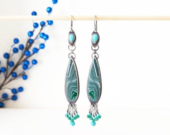 A Different Kind Of Rainbow Earrings - Kingman Turquoise, Rainbow Calsilica Glass, Turquoise and Crystal Bead Fringe w/ Ox. Sterling Silver