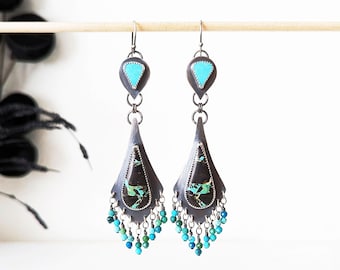 Blue Earthquake Earrings - Kingman Turquoise, Black Jack Turquoise and Turquoise Bead Fringe w/ Oxidized Sterling Silver