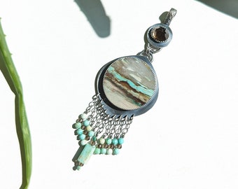 Coastal Fog Pendant - Smoky Quartz & Opalized Wood with Turquoise and Smoky Quartz Bead Fringe w/ Ox Sterling Silver (Chain NOT Included)