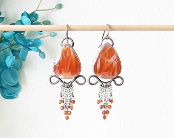 Mango Madness Earrings - Sugar Palm Agate, Mother of Pearl & CZ Bead Fringe w/ Ox Sterling Silver Chunky Filagree