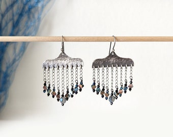 Midnight Meteorites Earrings - Ox Sterling Silver Bead Fringe w/ Crystal & Black Coated Spinel