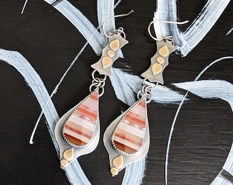 Linear Progression Earrings - Red Striped Opalized Wood, Oxidized Sterling Silver and Brass