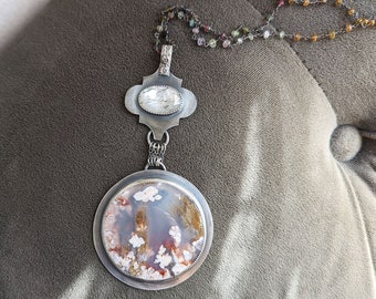 Garden Gate Pendant - Large Flower Agate, Quartz & Mother of Pearl Doublet w/ Ox Sterling Silver Two Stone Chain Drop (CHAIN NOT INCLUDED)